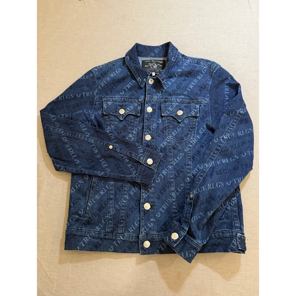 True Religion Denim Trucker Jacket Mens XL Blue Monogram‎ Print Button Up - Picture 1 of 10